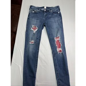 True Religion Halle Mid Rise Super Skinny Jeans With Red Fishnet Details Size 29